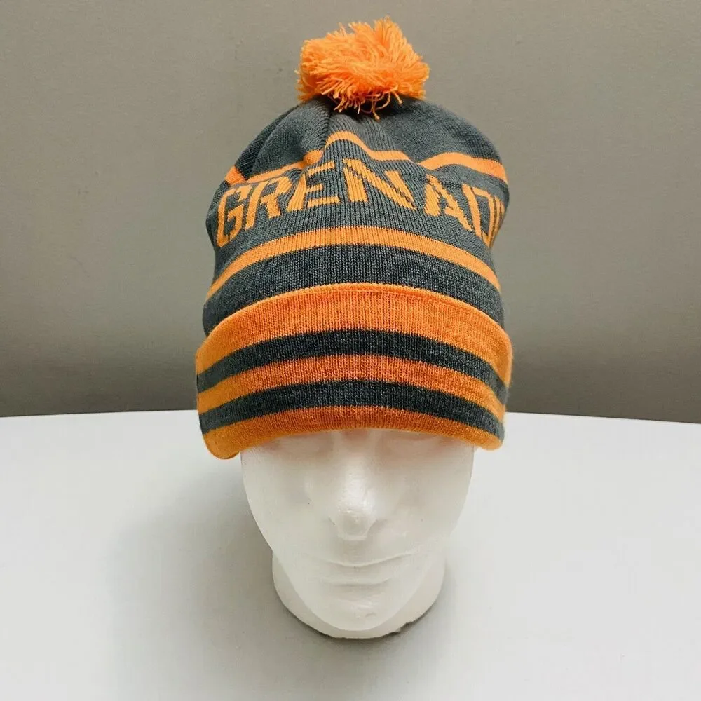 Grenade Letterhead Striped Winter Pom Knit Beanie Cap Hat Orange/Gray One Size - Picture 3 of 8